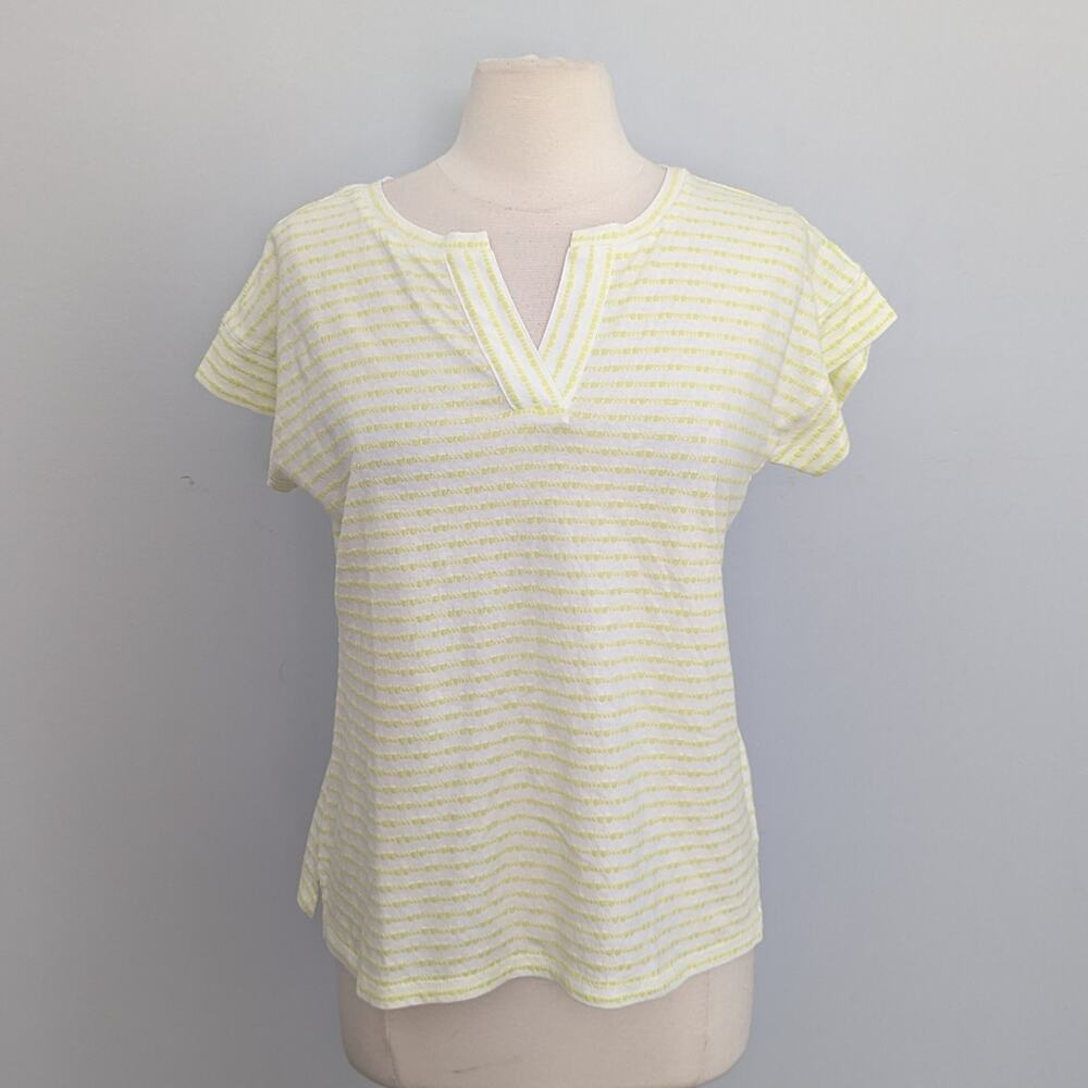 Talbots Faux Rope Nautical Neon Yellow White Preppy Short Sleeve Top Medium P